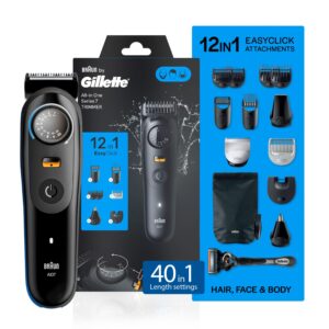 Gillette Series 7 All-in-One Beard & Body Trimmer for Man (by Braun) with Fusion Proglide Razor | ProBlade Technology | 40 length settings with Metal Body for Face, Body, Head & Private Parts | Sensitive Body Comb for body grooming | 12 on top Attachments | 120 Min Runtime | 5 Min Quick Charge | 100% Waterproof