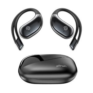 pTron Bassbuds Trendz Open Ear Wireless Earbuds, SafeBeats Design, Dual HD Mics & TruTalk AI-ENC Calls, 45Hrs Playtime, App Support, 14.2mm Drivers, BT6.0 Headphones, Type C Charging & IPX5 (Black)